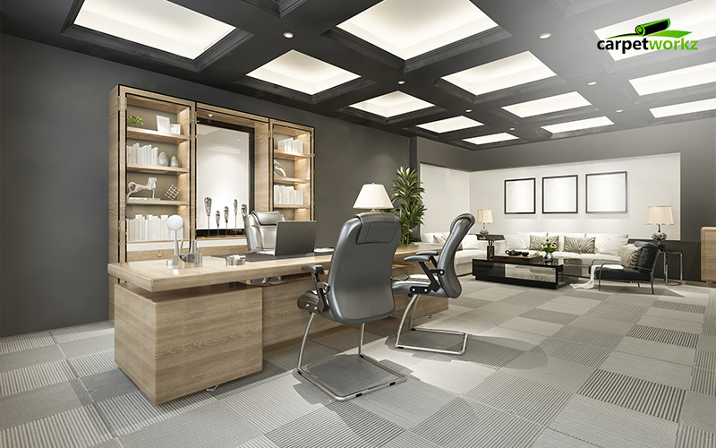 neutral colour themed office with gray patterned carpet