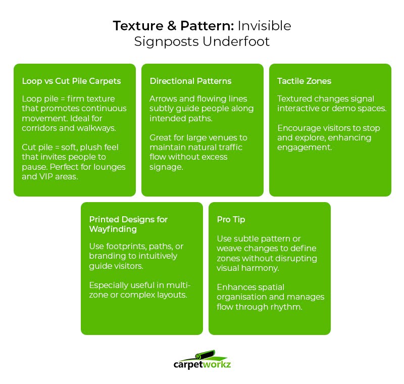  A visual guide showing how carpet textures and patterns subtly direct foot traffic and enhance event space engagement.